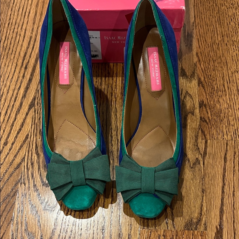 Isaac Mizrahi Green and Blue Bow Heels